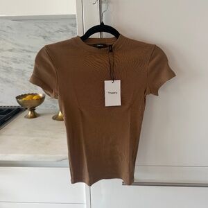 Theory Camel Ribbed Knit Short Sleeve Top Size P Crew Neck Minimalist